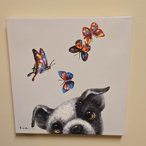 Playful Pup and Butterflies Canvas Wall Art - White and Multicolor